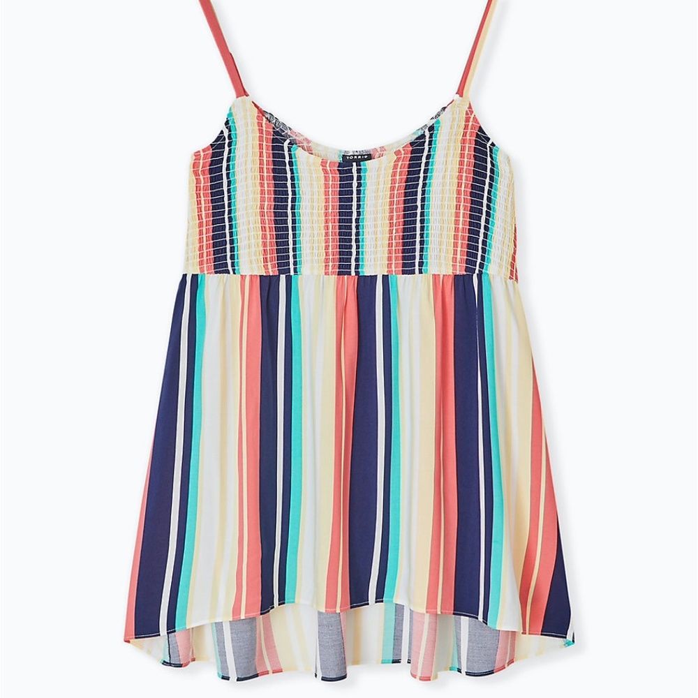 MULTI STRIPE CHALLIS SMOCKED BABYDOLL TUNIC CAMI